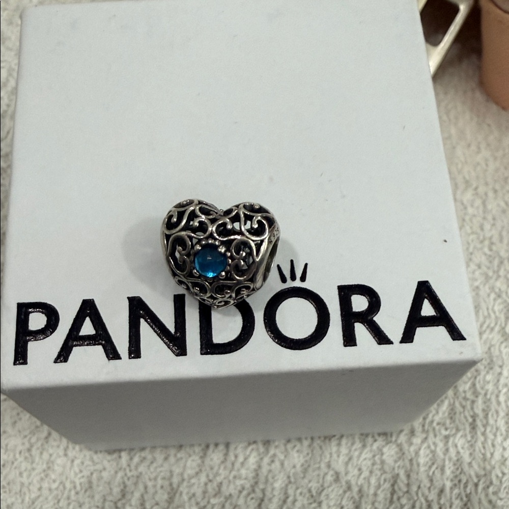 Pandora Silver Heart Filigree Charm with Blue Gem